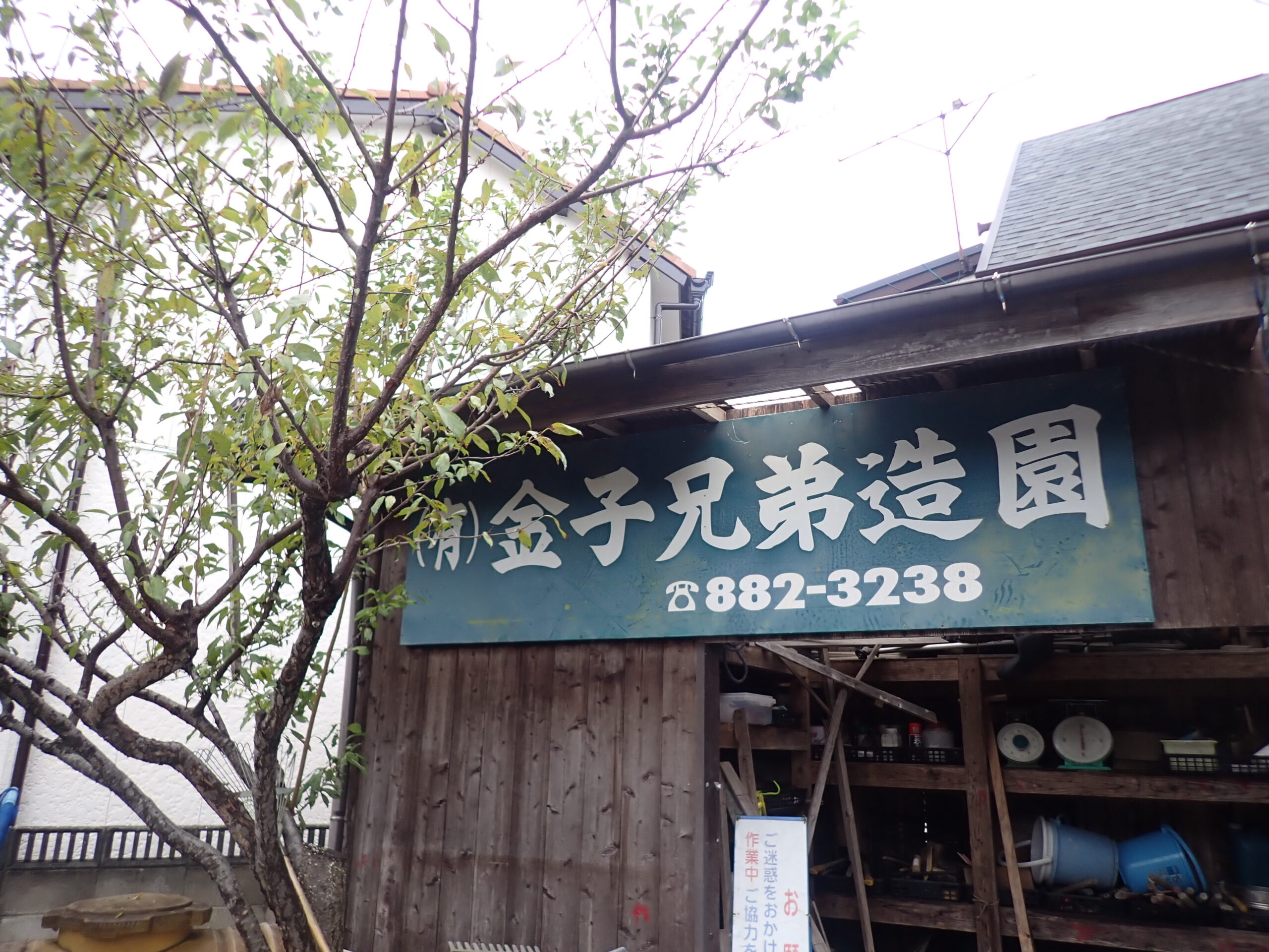 緑に囲まれた金子兄弟造園の会社看板