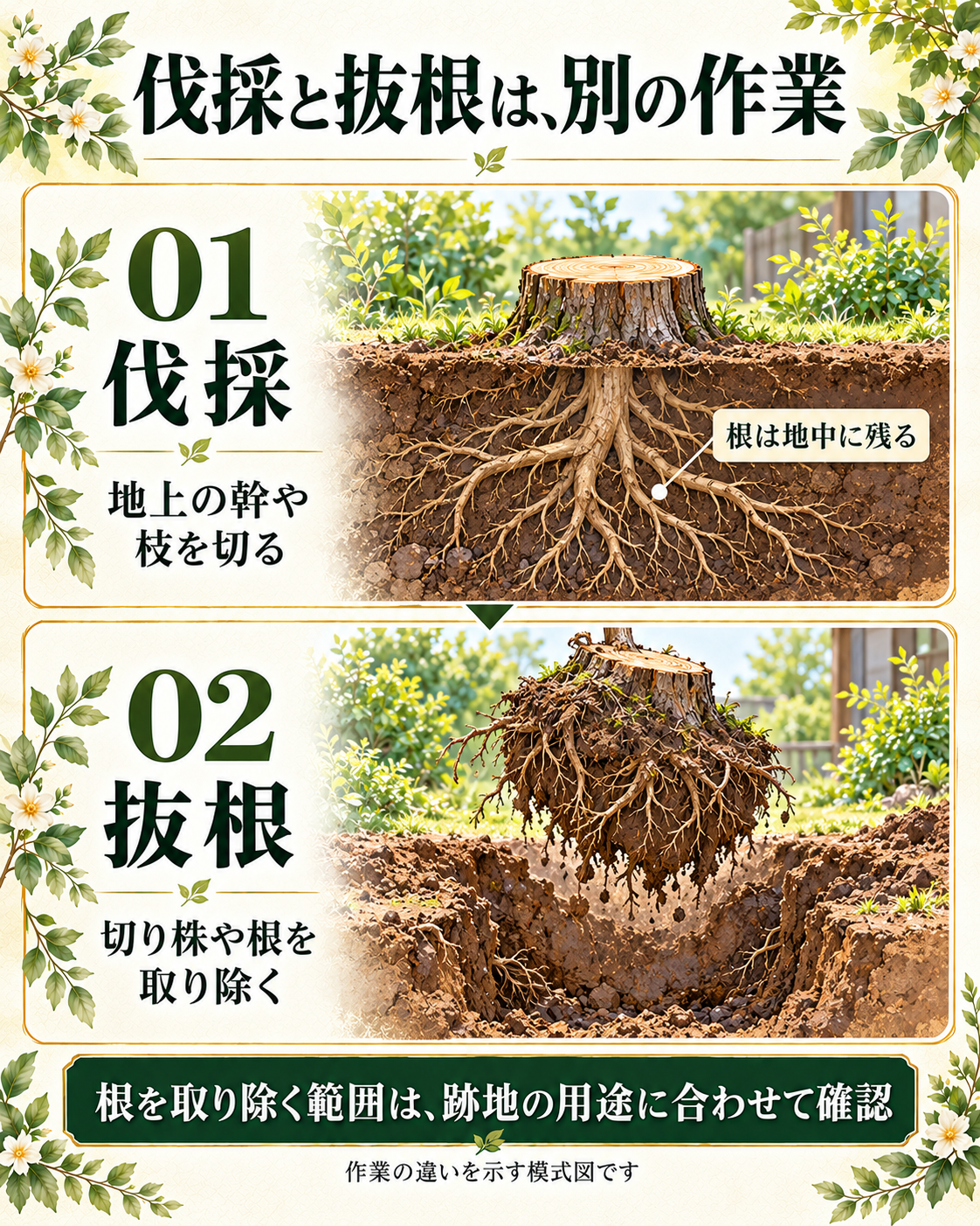 伐採では地中に根が残り、抜根では切り株や根を取り除く作業の違いを示す模式図