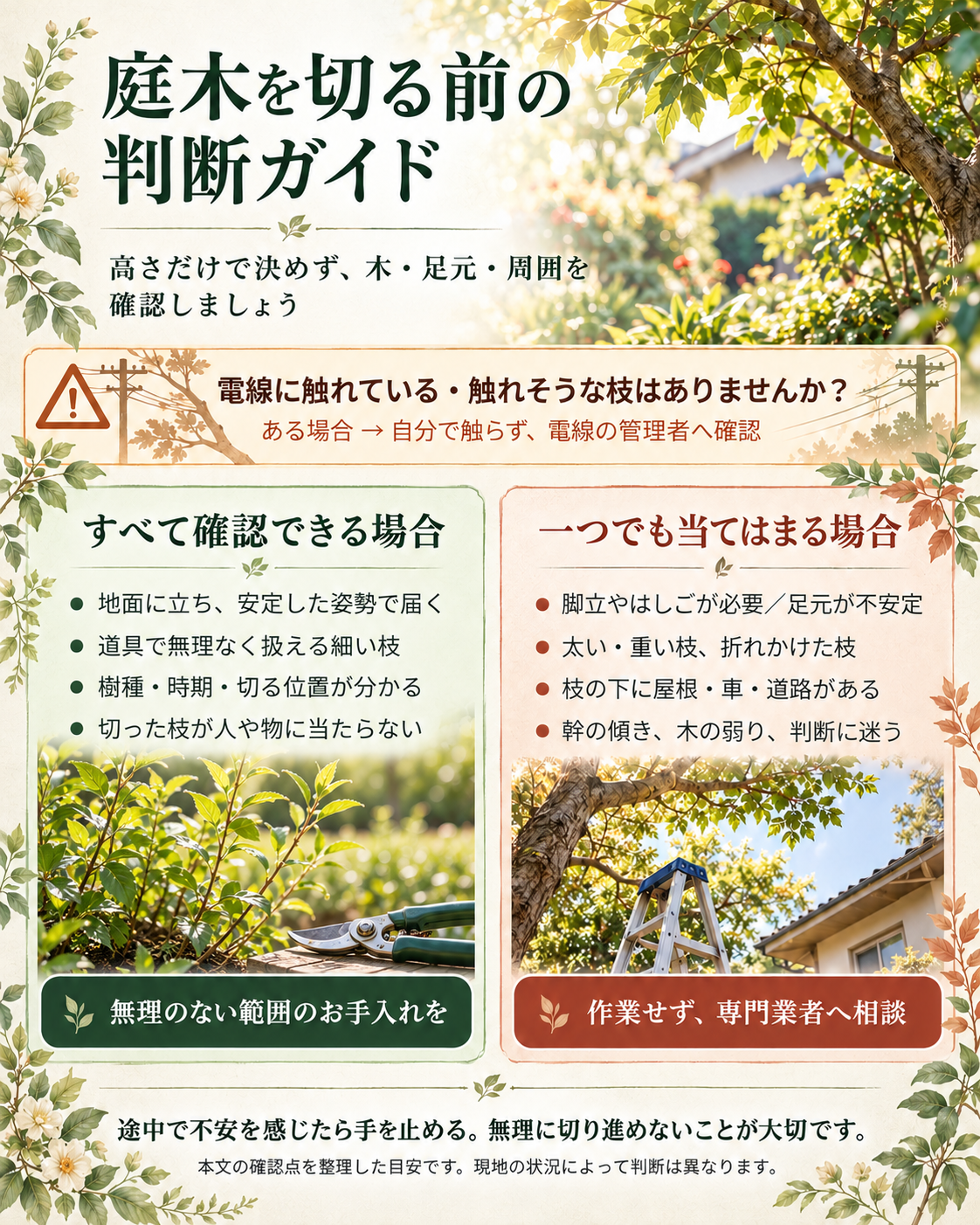 庭木を切る前に、地面から届く細い枝か、樹種や時期、周囲を確認し、迷うときは作業せず相談する判断ガイド